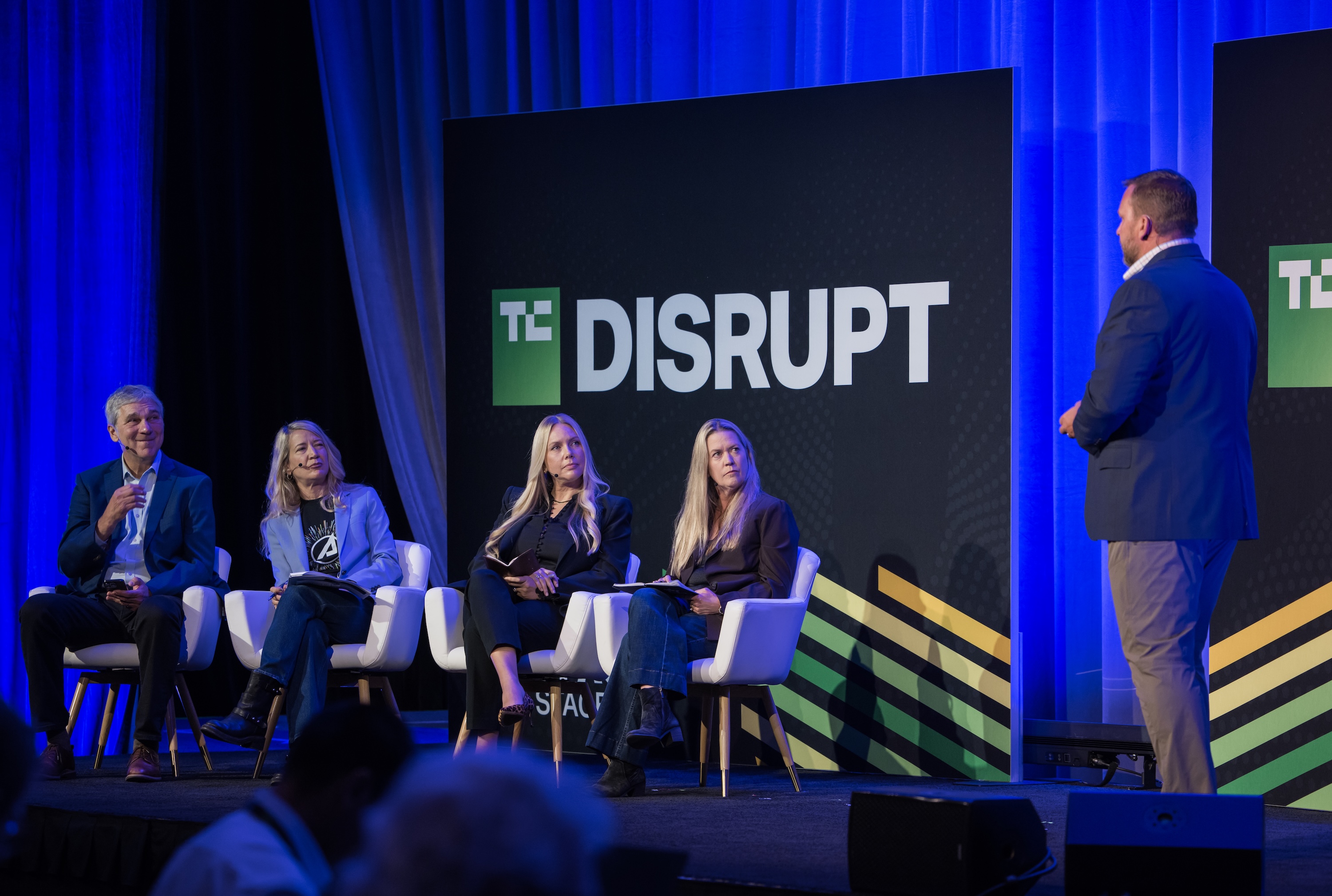 Aerospace's Debra Emmons and other judges on stage at TechCrunch Disrupt 2025.