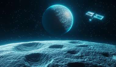 Digitized Moon with spacecraft and Earth in background