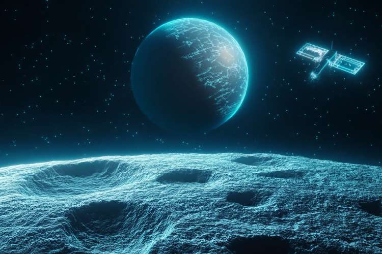 Digitized Moon with spacecraft and Earth in background