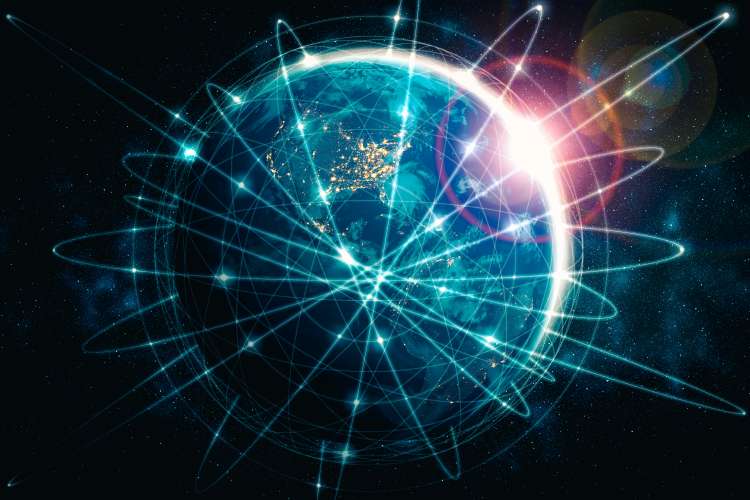 Global network connection covering the earth with lines