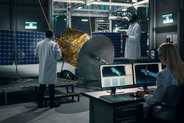 team of engineers working on satellite