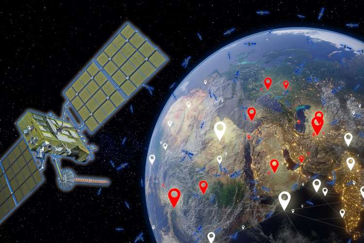 Satellite orbiting Earth with smaller satellites in the backdrop.