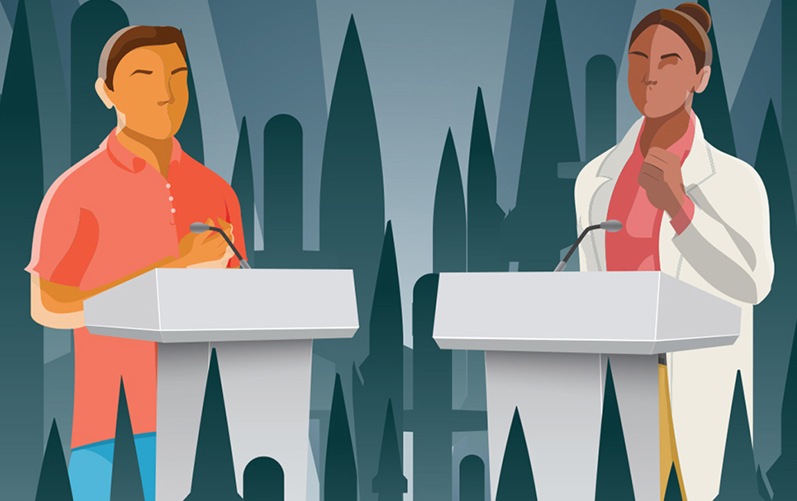 Artist rendering of two people debating