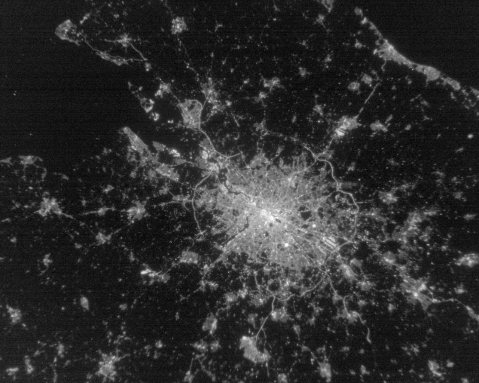 Overhead view of night lights of London