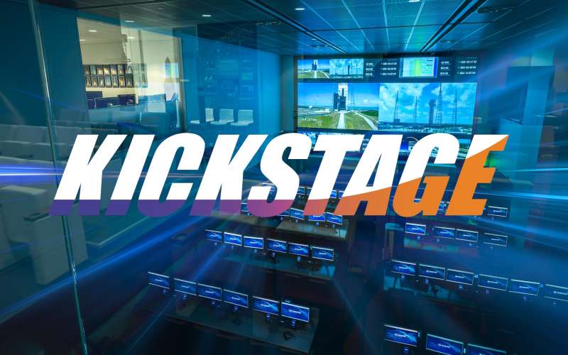The word Kickstage over a picture of a launch control room.