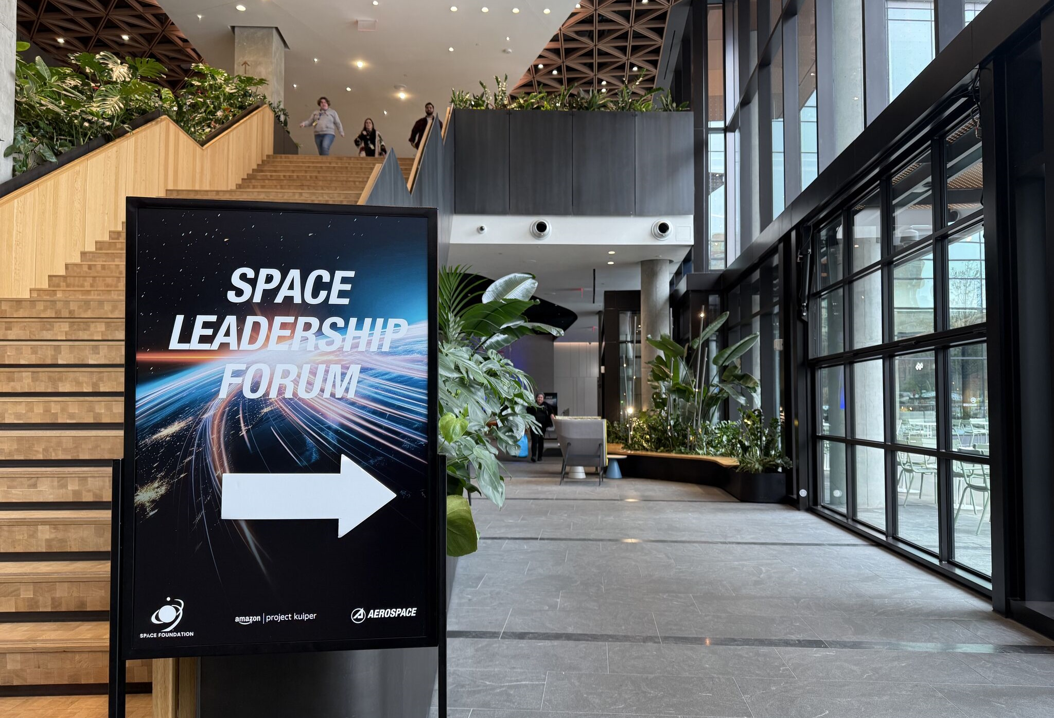 A sign reading "Space Leadership Forum" in Amazon's HQ2.